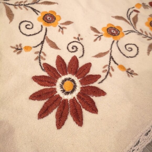 Vintage Crewel Tablecloth Hand Embroidered Floral Brown &Gold Crochet Lace Edge - Picture 3 of 14